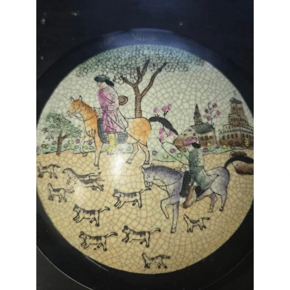 Vintage Chinese Crackle Glaze Decorative Plate Fox Hunt and Matching Bowl w/ Lid